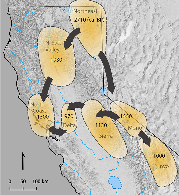 Arrow point dates on map of California