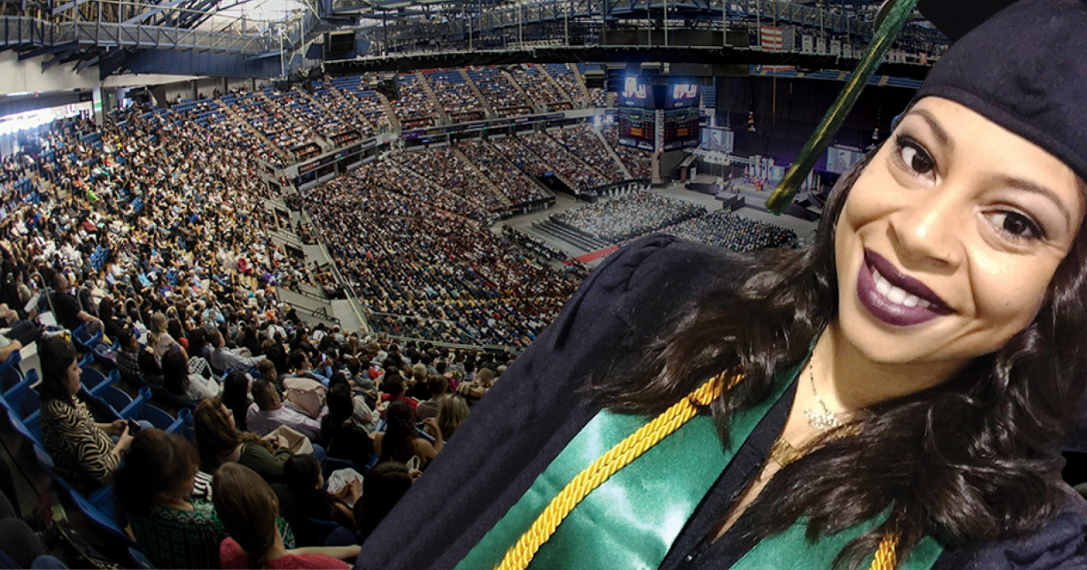 Anya-Jael Woods in her cap and gown with a quote from her to the left of the photo that reads, "Walking across the graduation stage was the catalyst for everything else."
