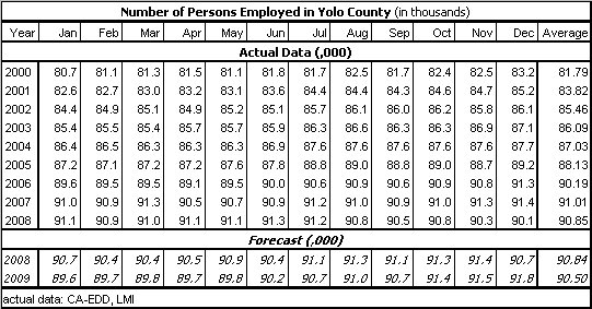 table, Number of Persons Employed, 2000-2009