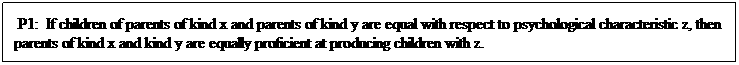Text Box:  P1:  If children of parents of kind x and parents of kind y are equal with respect to psychological characteristic z, then parents of kind x and kind y are equally proficient at producing children with z.

