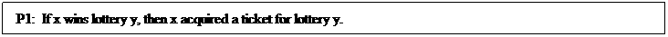 Text Box:  P1:  If x wins lottery y, then x acquired a ticket for lottery y.
