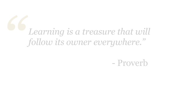 Learning is a treasure that will follow its owner everywhere. - Proverb