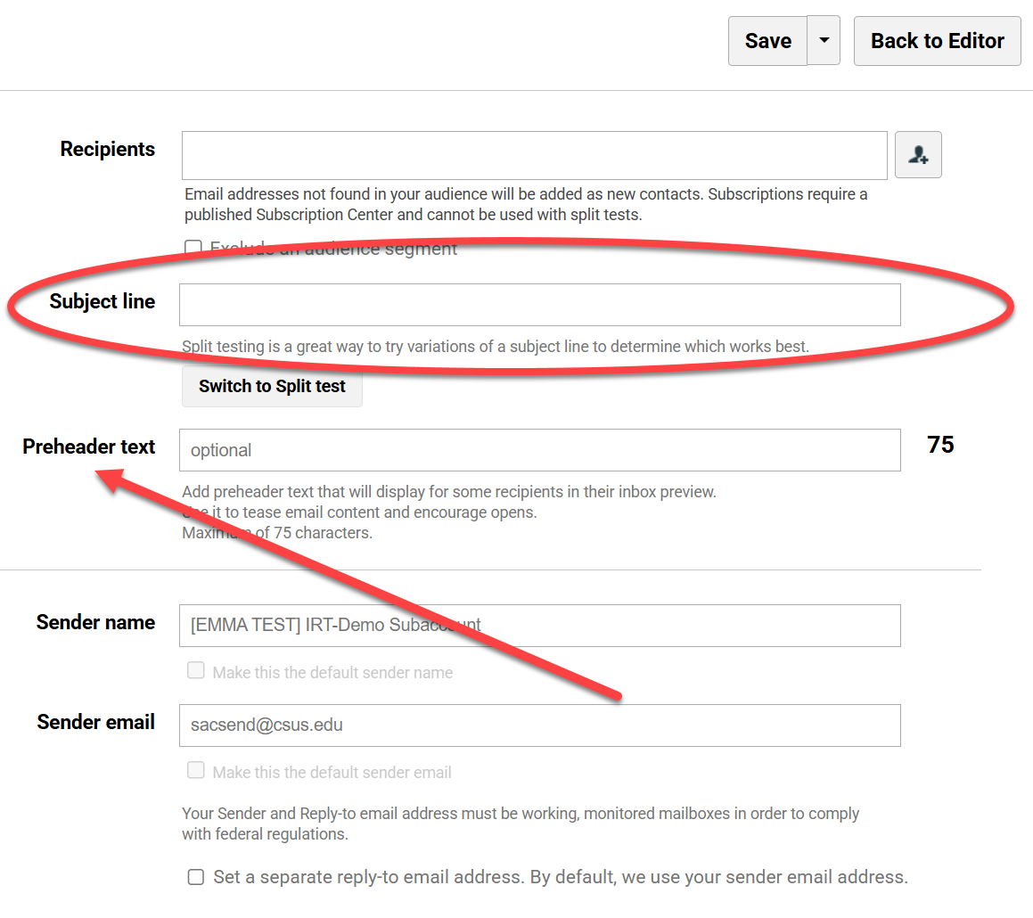 Image of subject line and preheader fields within the Emma software menu.