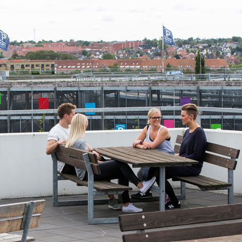 Students on a rooftop deck at VIA University College