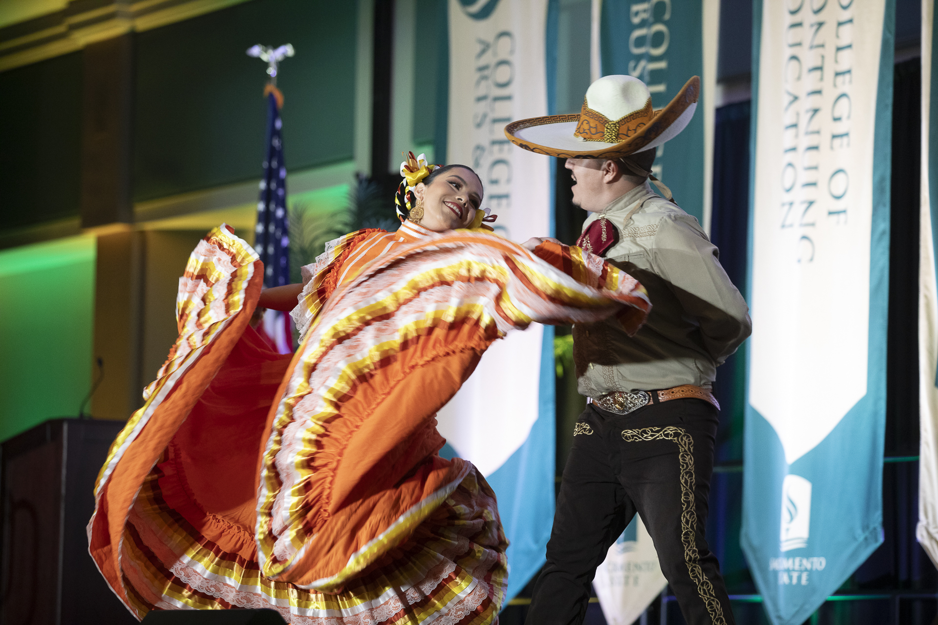 Department of Theatre and Dance students perform Ballet Folklorico during Fall Address. (Andrea Price/Sacramento State)