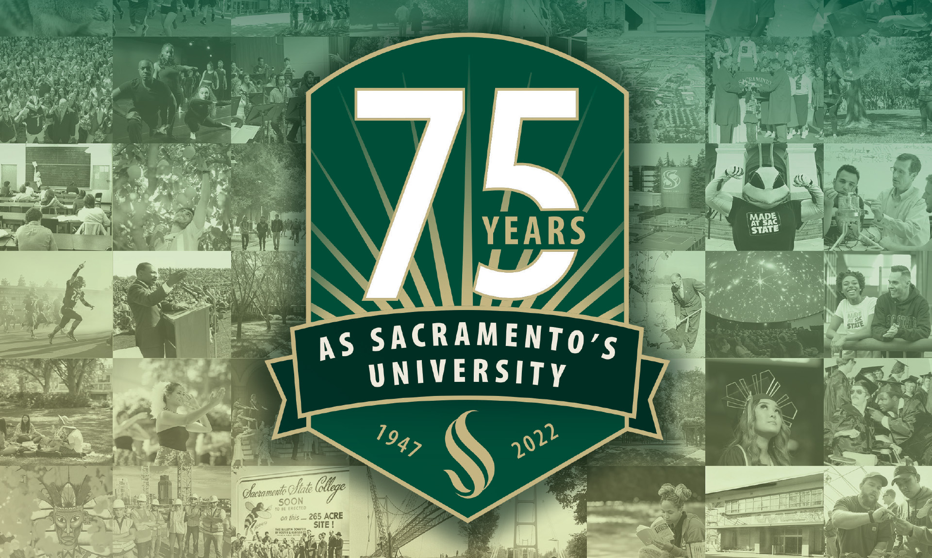 Sacramento State 75th Anniversary graphic on a background collage of historic images.