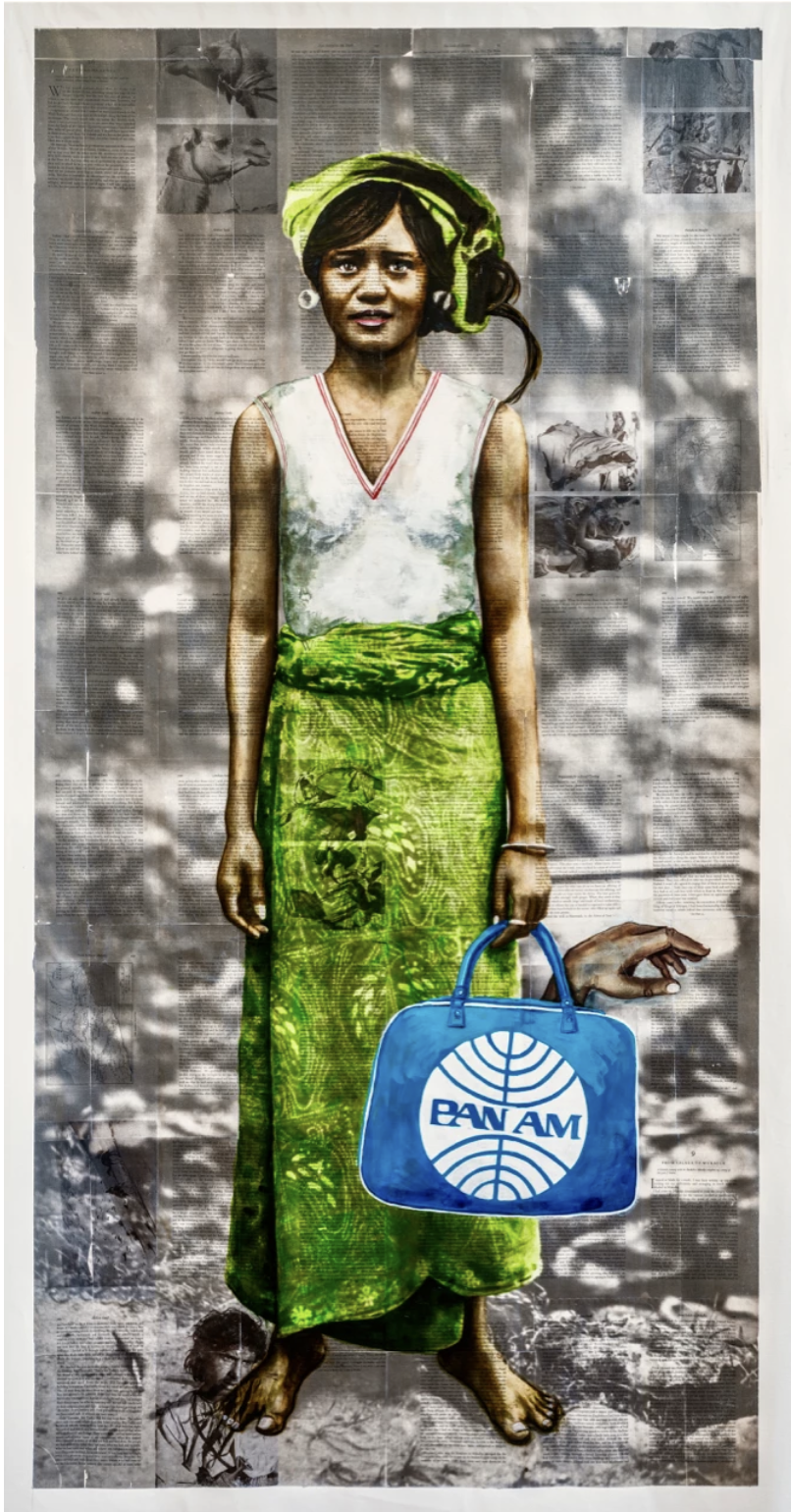 A painting from Rajkamal Kahlon's "We've Come a Long Way to Be Together" depicting a woman in a white and green dress holding a blue luggage bag