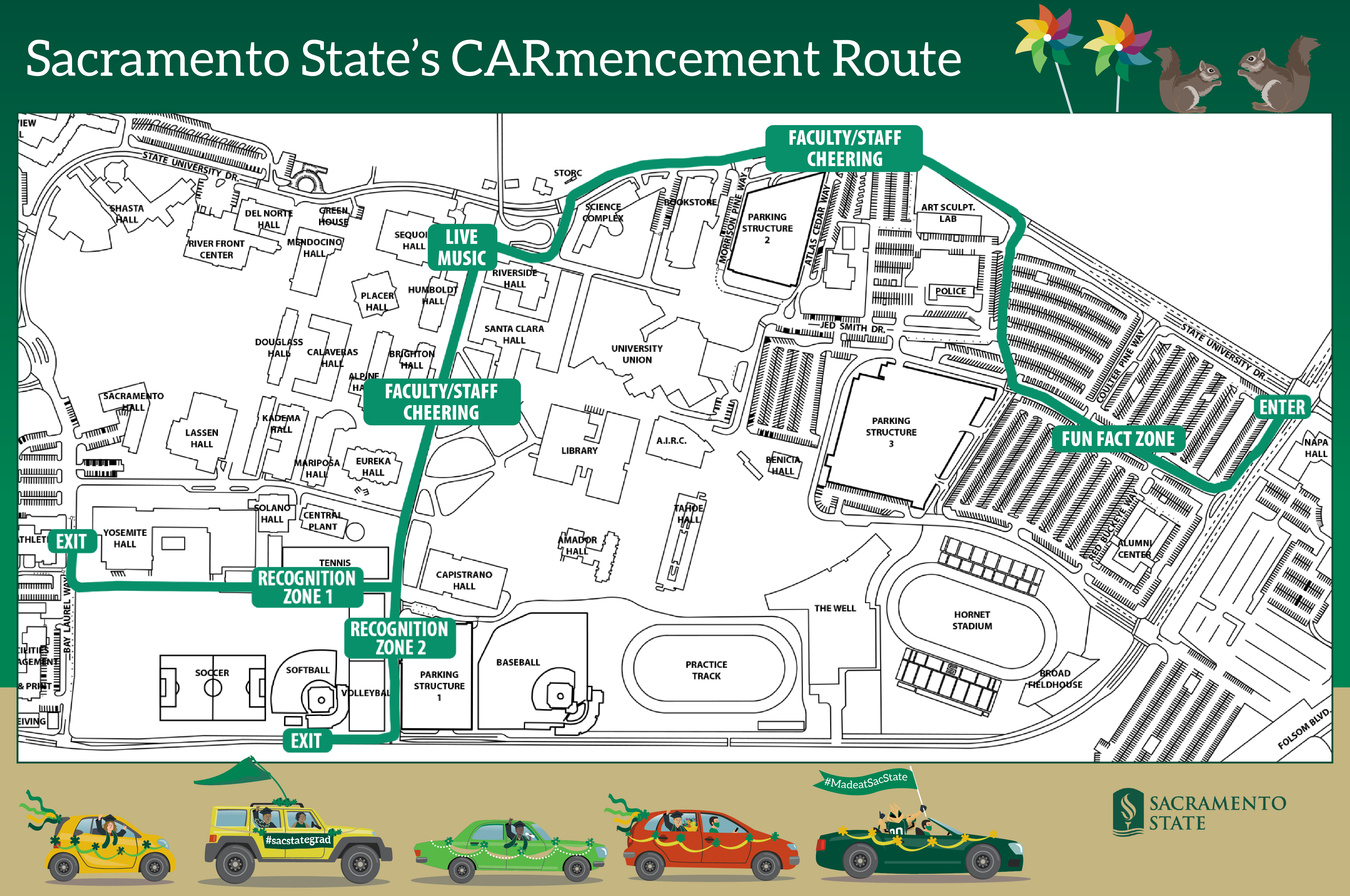 A map of the Sac State campus showing the route for CARmencement