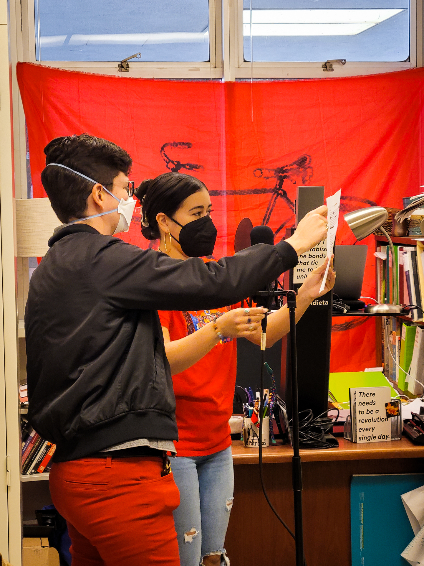 Two students record lines for a series of Crocker Art Museum audio guides.