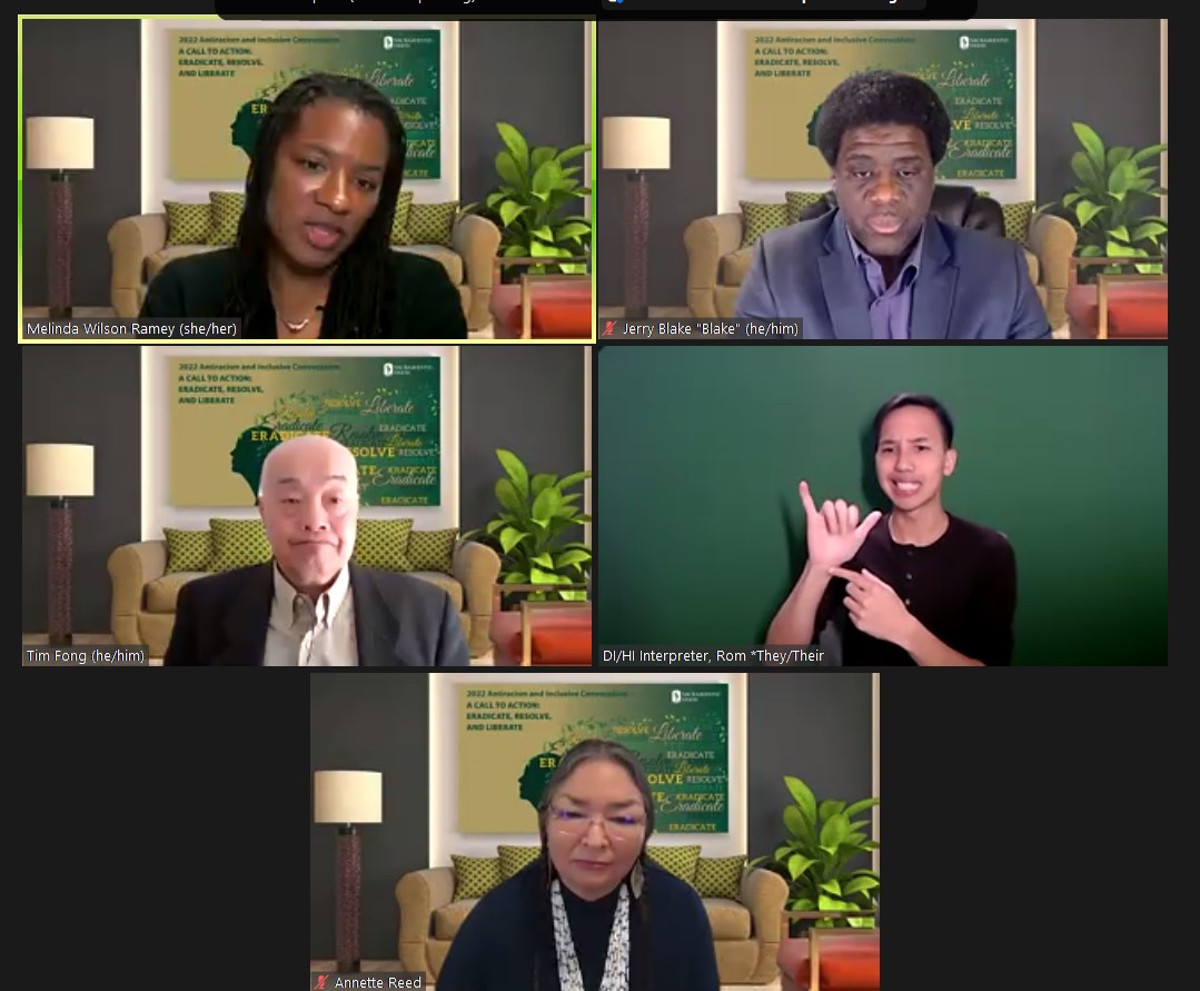 A screenshot of Sac State's virtual Convocation, with multiple faculty members participating in a Zoom webinar.