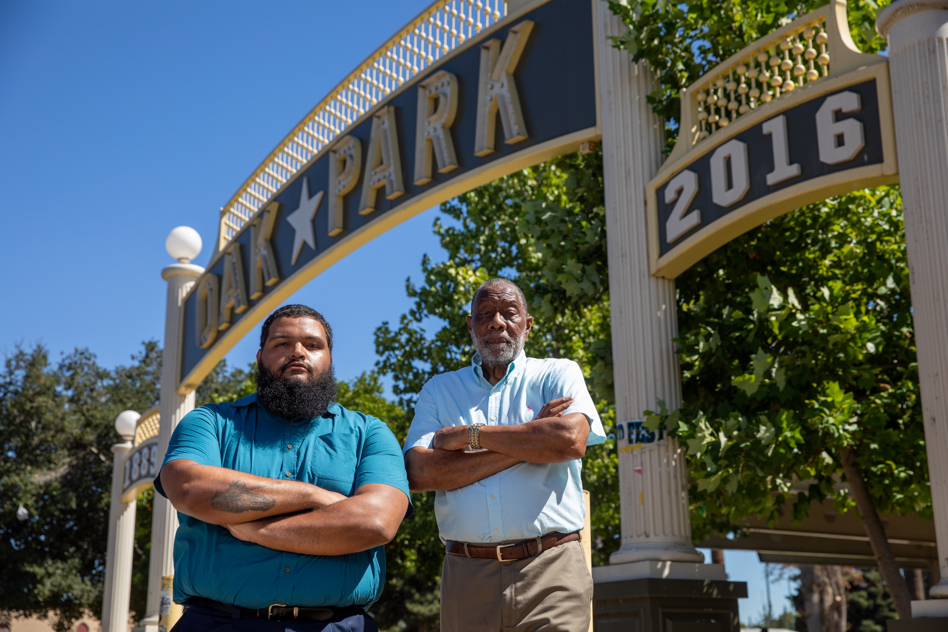 Public History graduate student Harvey Melvin Jones IV, left, and Sacramento activist and community leader Joe Debbs, in Oak Park.