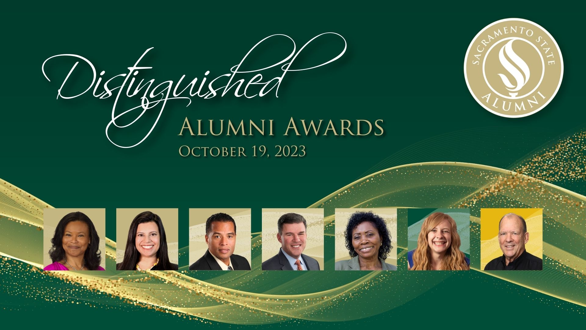 A graphic depicting the 2023 Distinguished Alumni Award winners on a green and gold background with thumbnail images of each recipient.