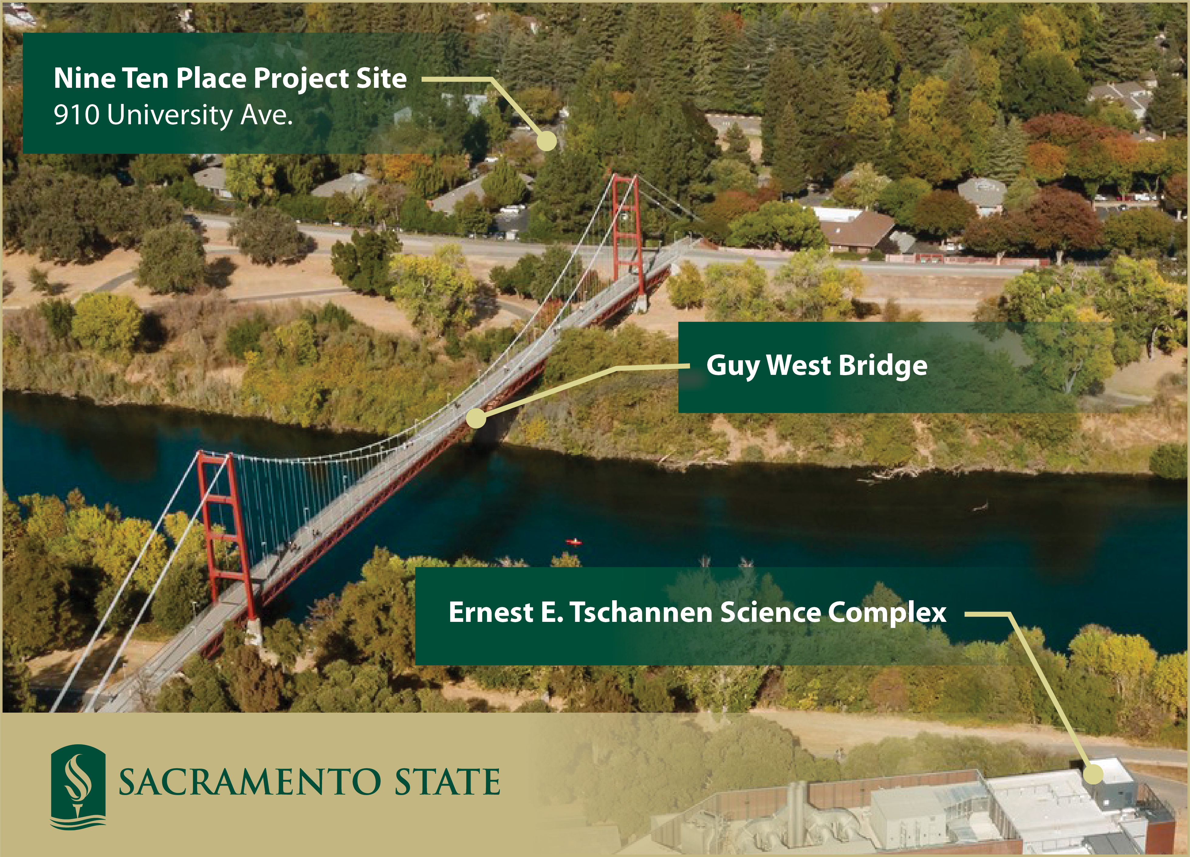 A graphic showing the proximity of a new faculty and staff apartment building to campus.