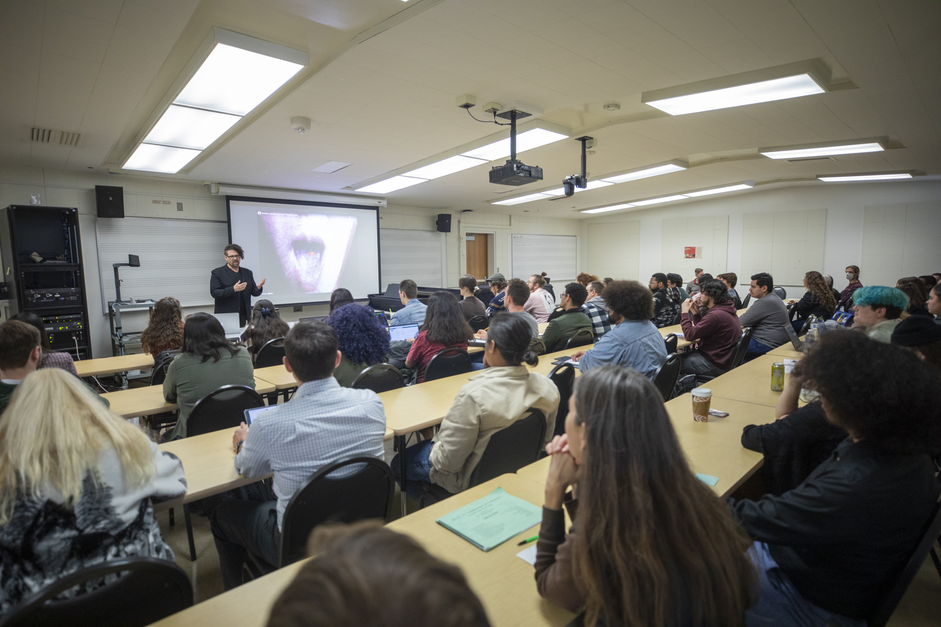 David T. Little gives a lecture to a Music class at Sac State.