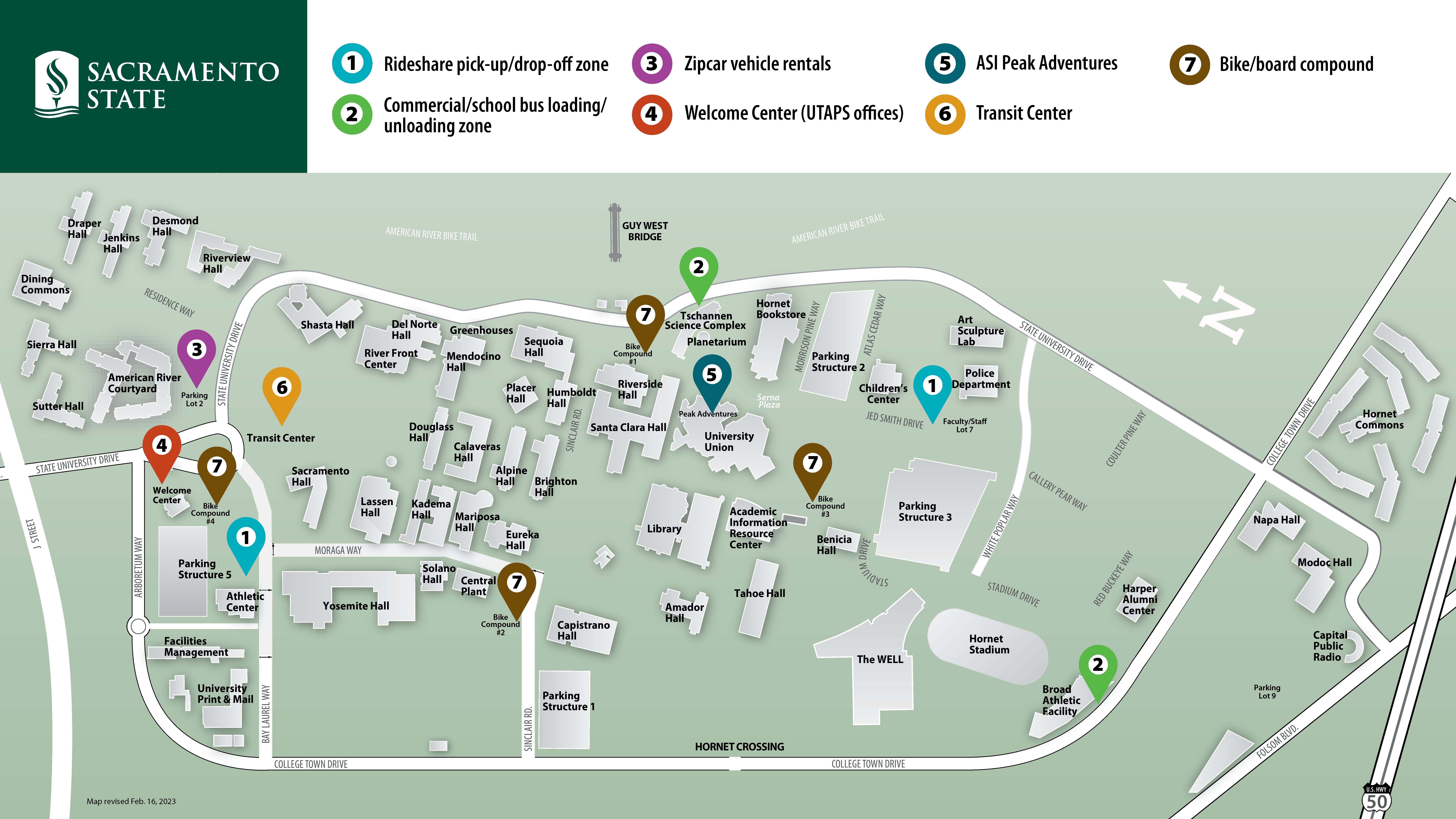 A Sacramento State map graphic with locations of alternative transportation options marked.