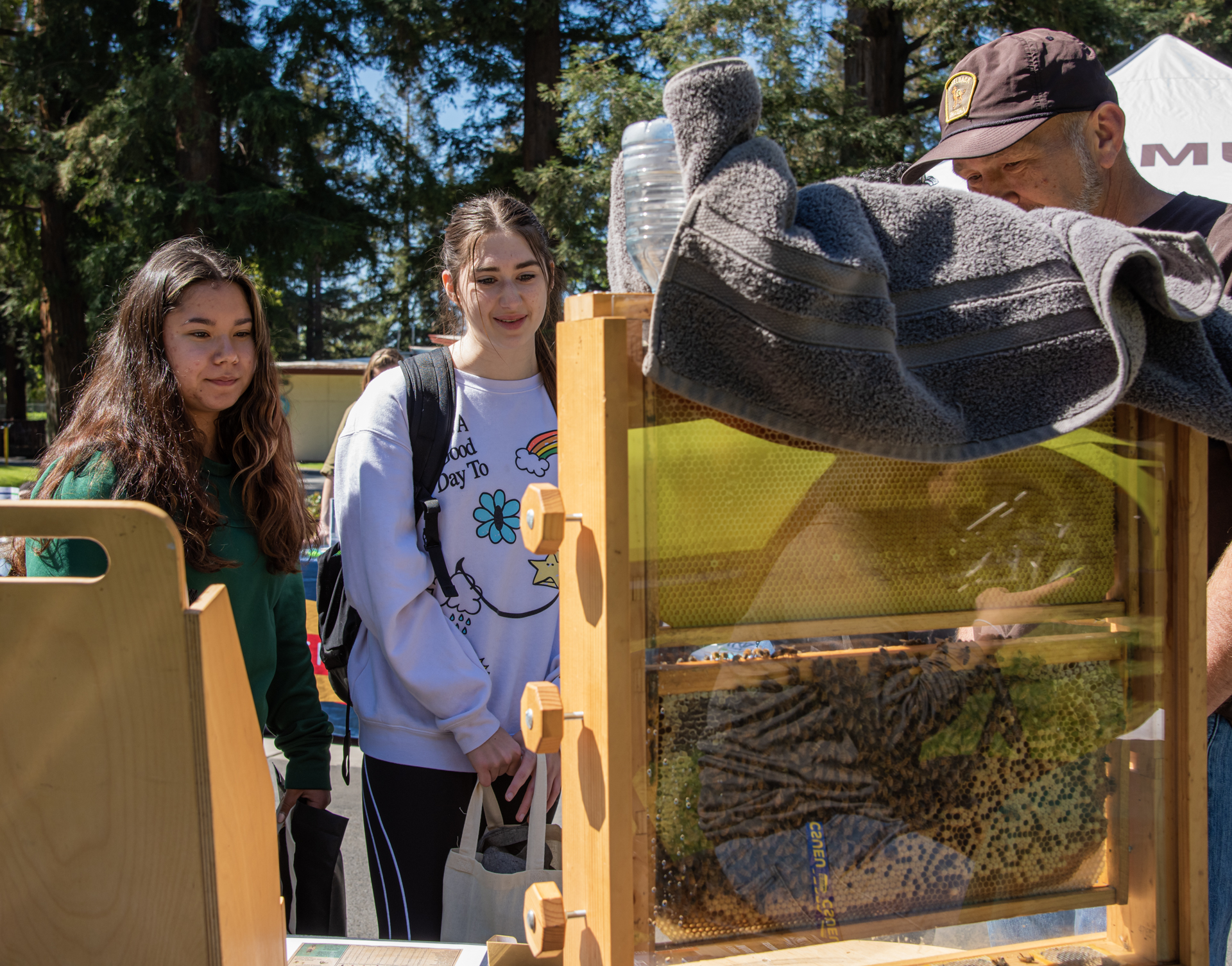 Two students, outdoors, looking at a beehive