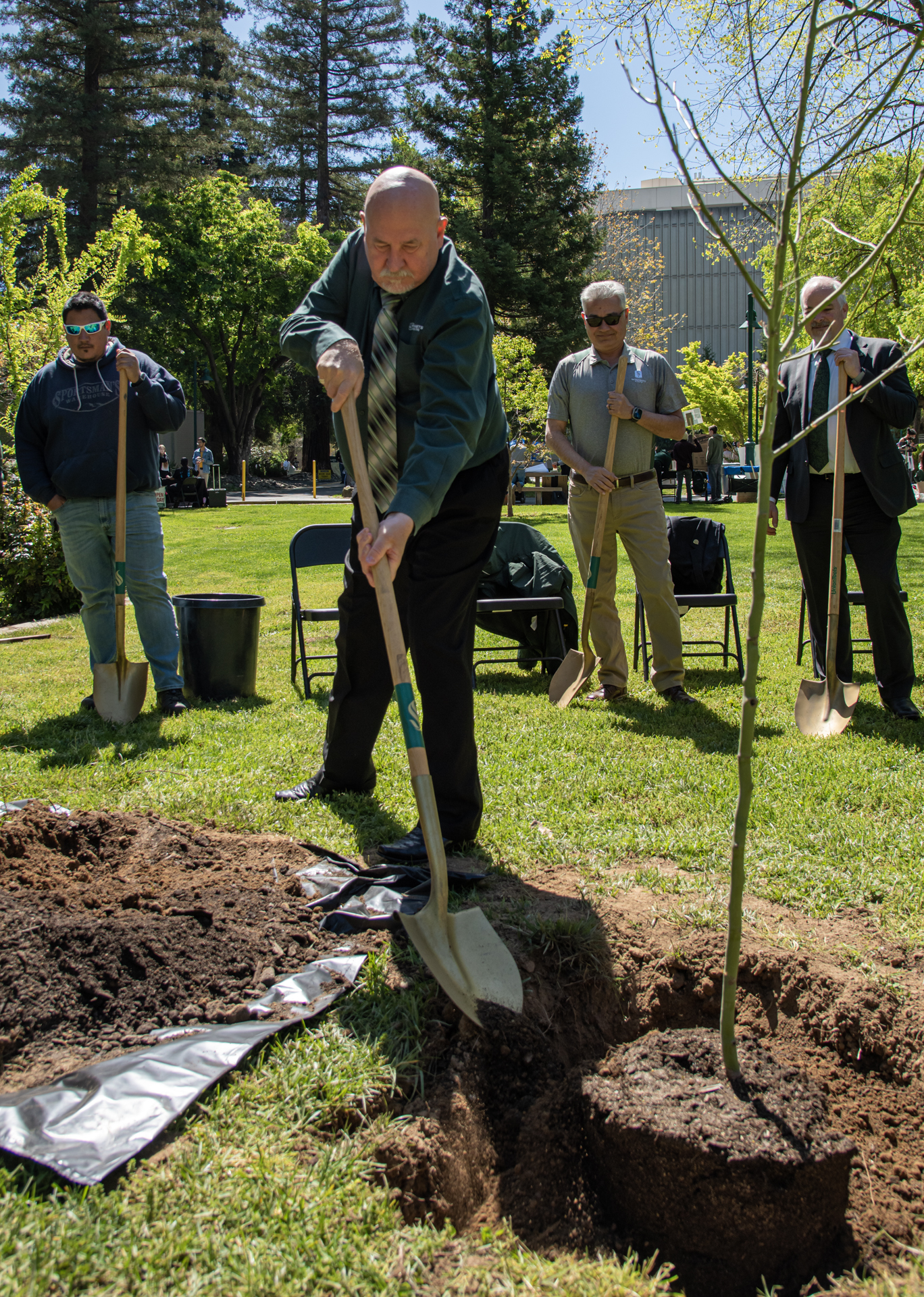 President Robert S. Nelsen, holding a shovel, and planting a tree