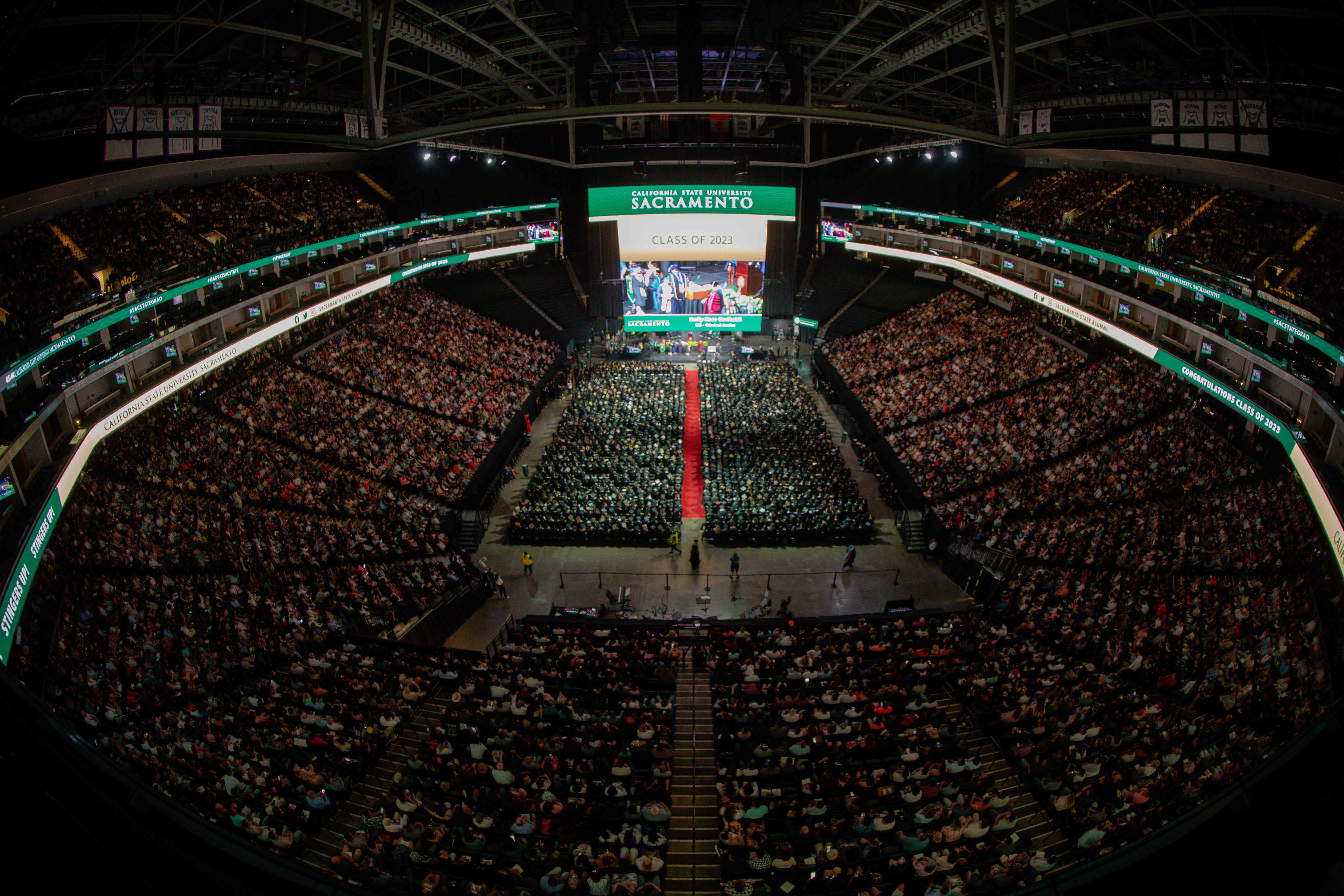 An overhead view of the Golden 1 Center arena and floor during Commencement