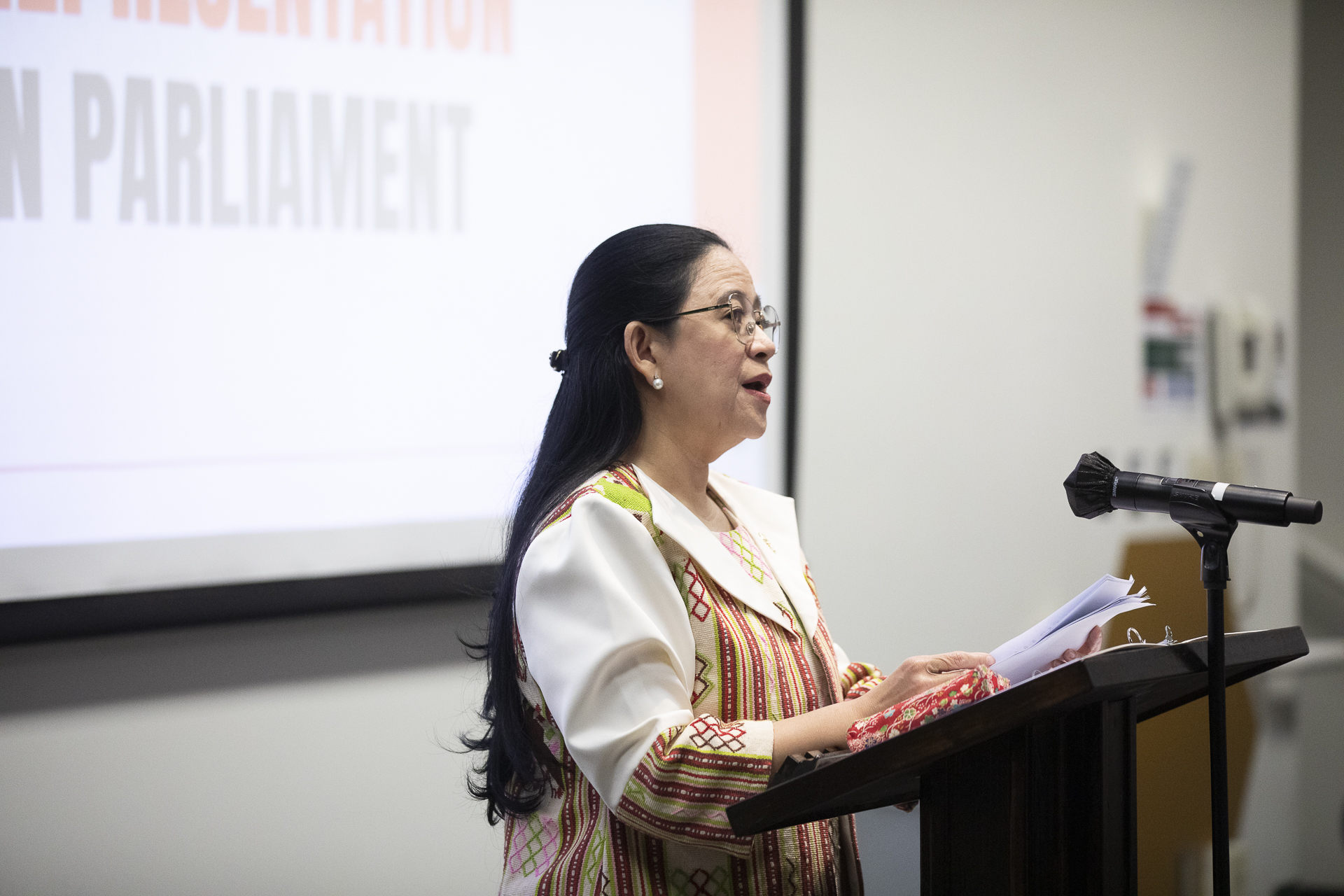 Puan Maharani addresses the crowd at the Model UN conference at Sac State.