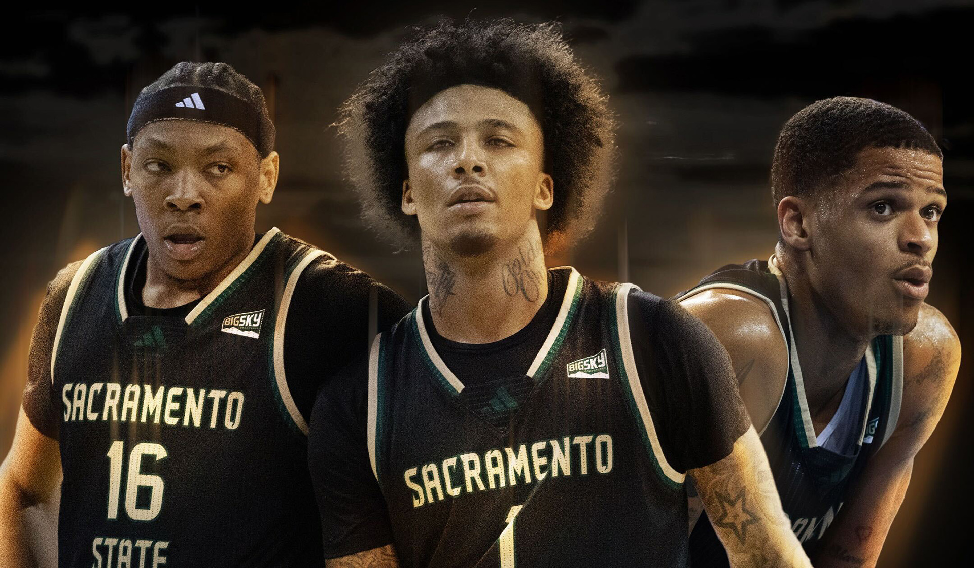 Three Sac State Men's Basketball players in jerseys during a game.