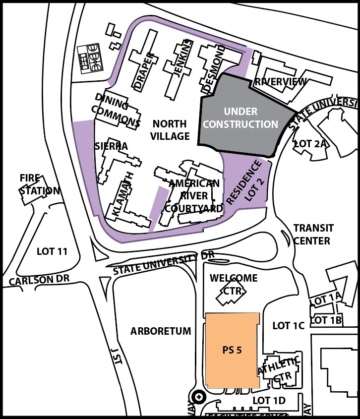 Map of CSUS Student Residency Halls and their related parking areas