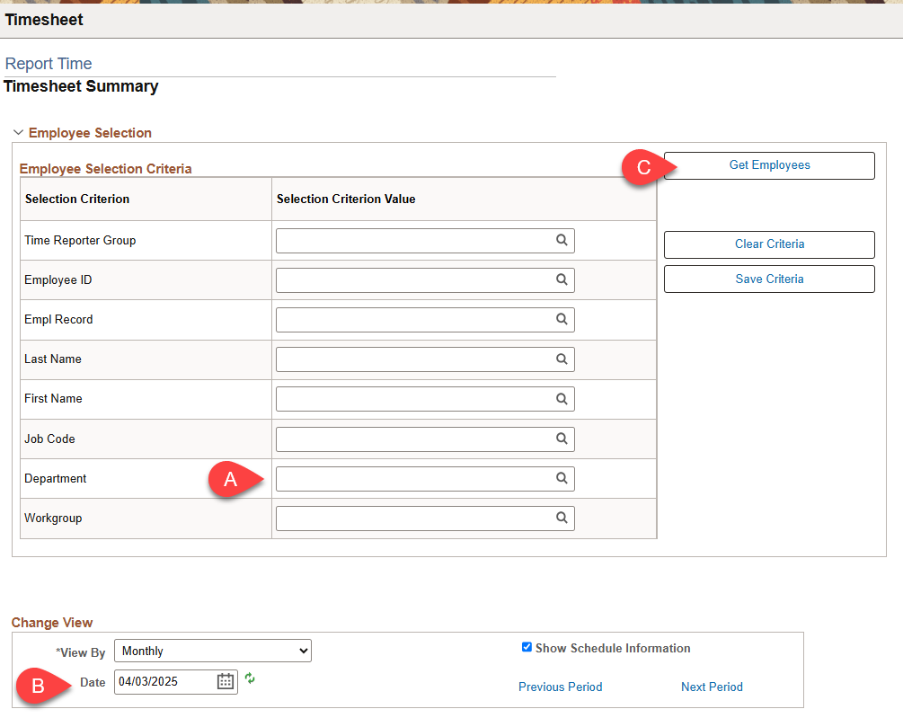 CHRS Timesheet search criteria to Get Employees