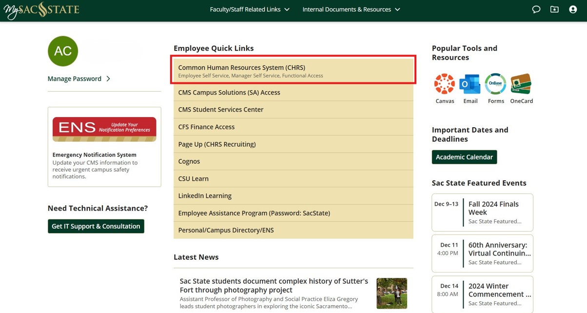 My Sac State Portal Employee Quick Links