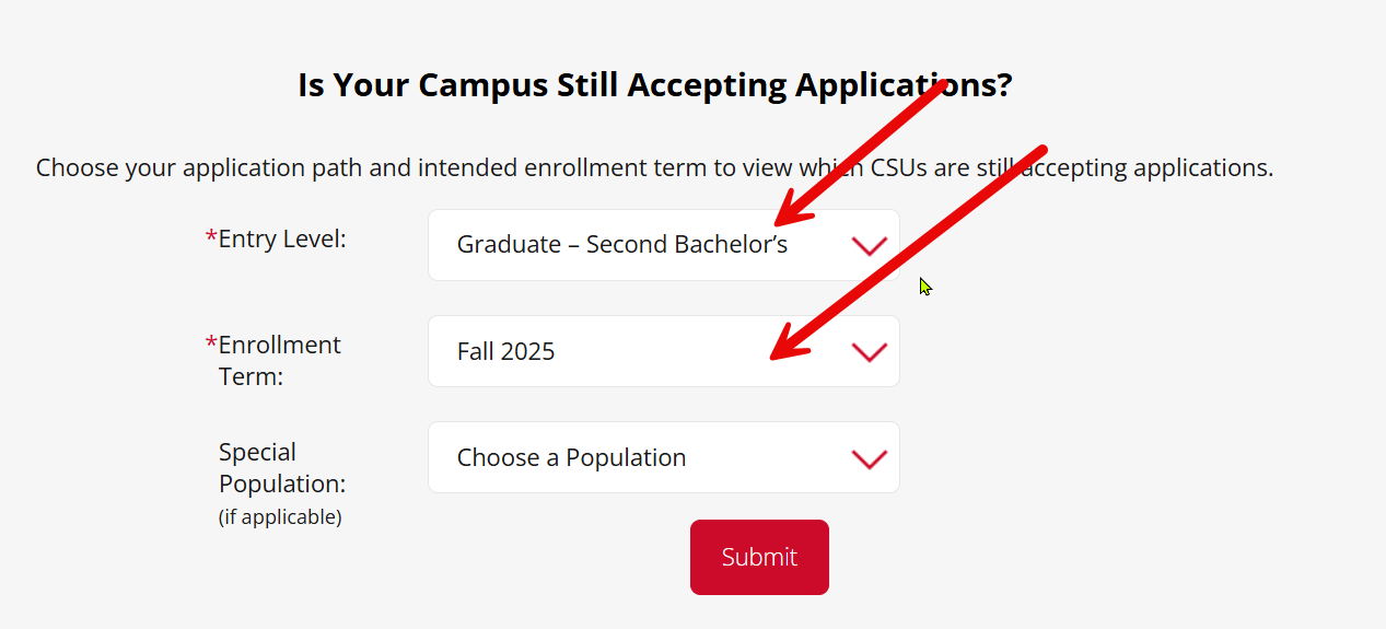Image of Cal State Apply screen noting where to locate 2nd bachelors options