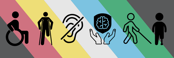A disability pride flag with icons represententing the diverse range of disabilities.