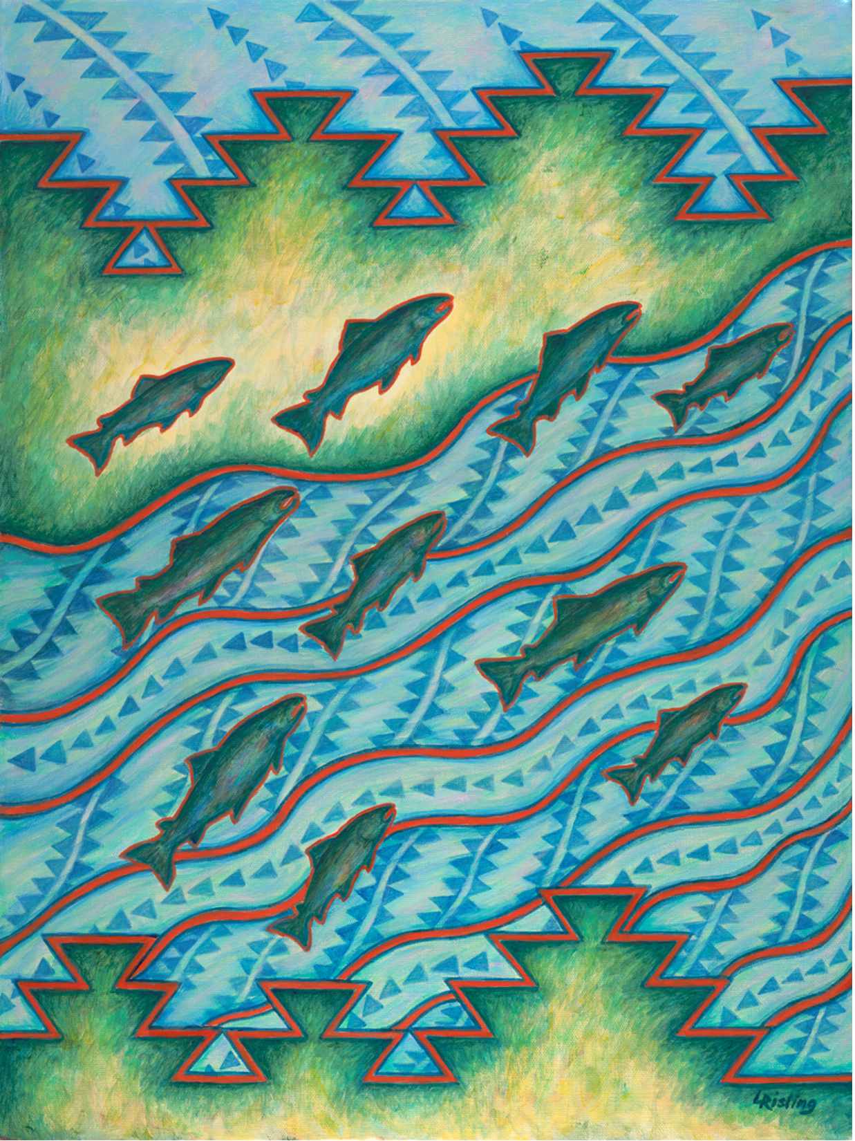 Swim Up the River” Original painting by Lyn Risling, Karuk, Yurok, and Hupa