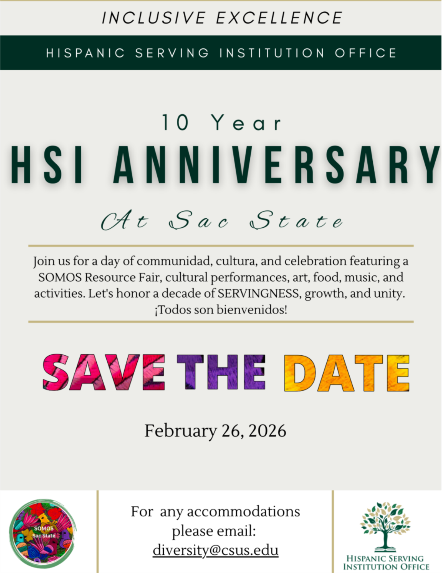 Save the Date Flyer for HSI 10 year anniversary event on February 26th starting at 11am