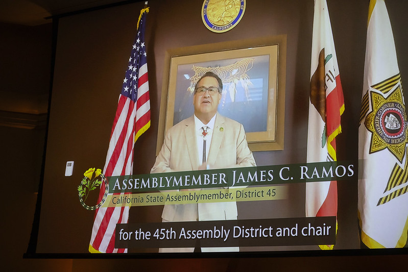assemblymember James C. Ramos giving a speech remotely to welcome the new college