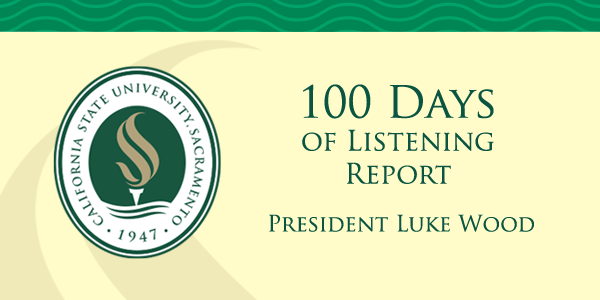decorative banner featuring Sac State logo "100 Days of Listening Report, President Luke Wood"