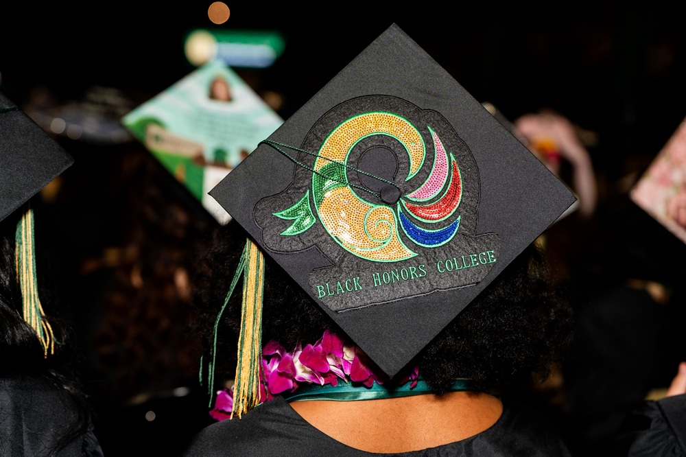 graduation cap with "Black Honors College" painted on the top