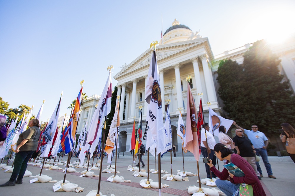 Native American flags outside the state capital