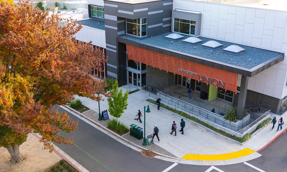 photo looking down on building on campus