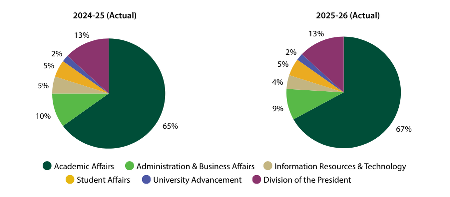 Graphic pie charts showing Budget Allocations by Division