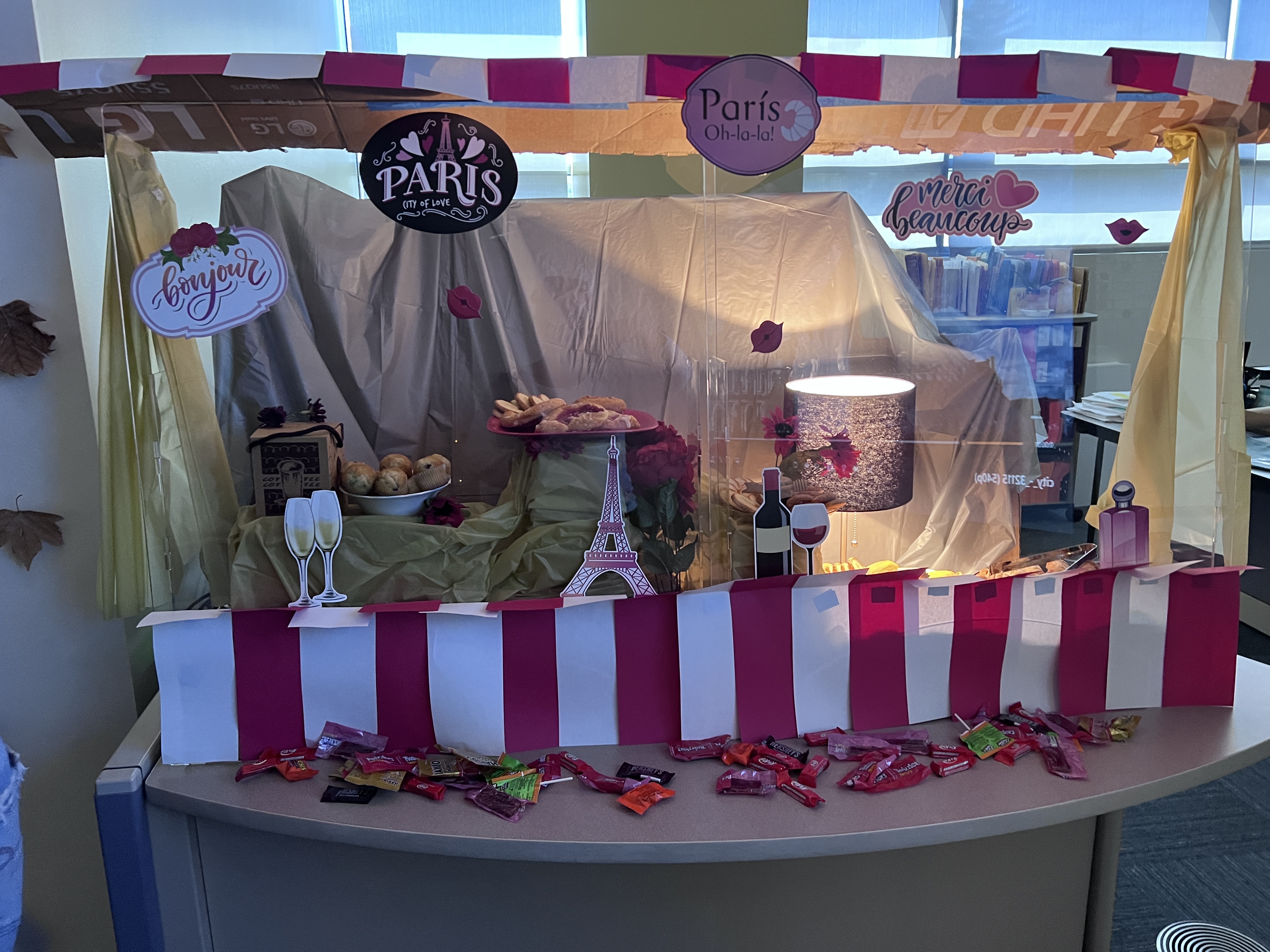 Center for Teaching and Learning “Fall in Paris” decorated bakery window display with candy in front