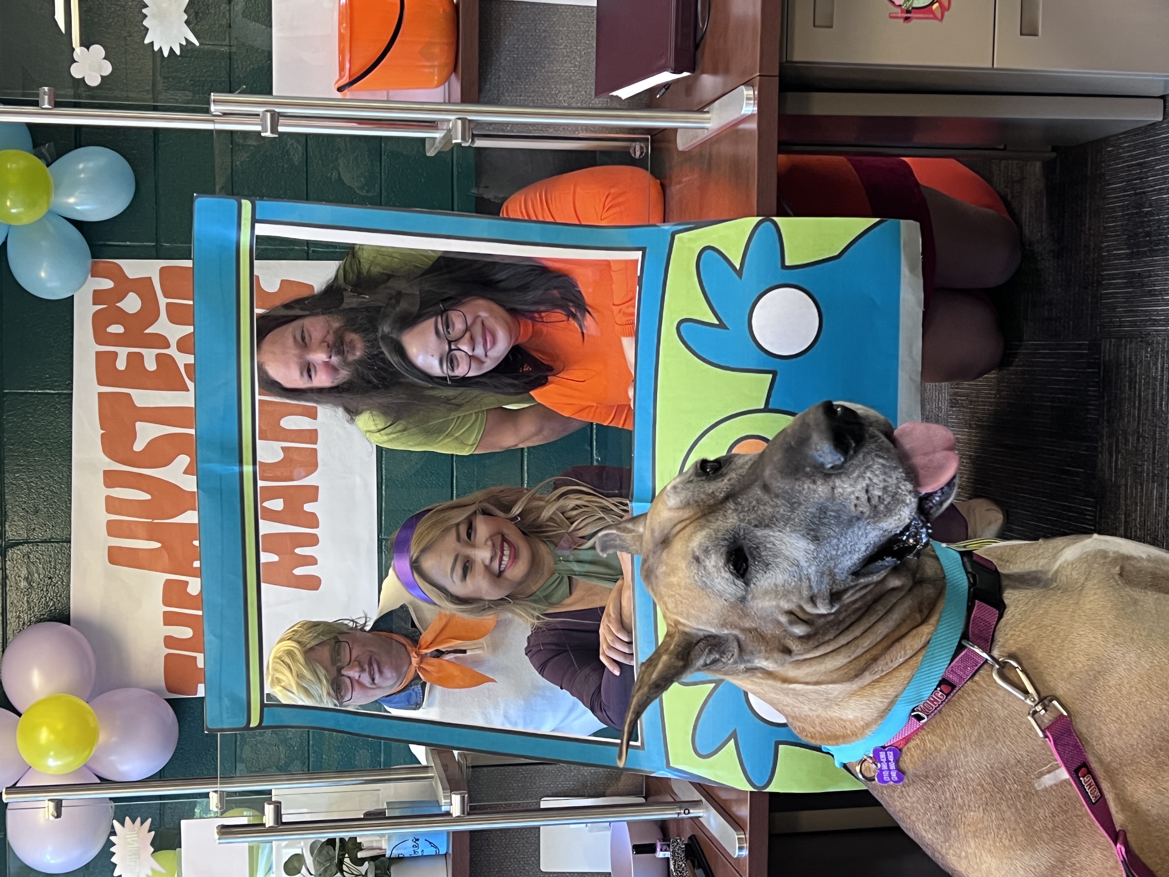 Facilities Management “Scooby Doo” group costume standing behind a photo frame and with a great dane dog in front