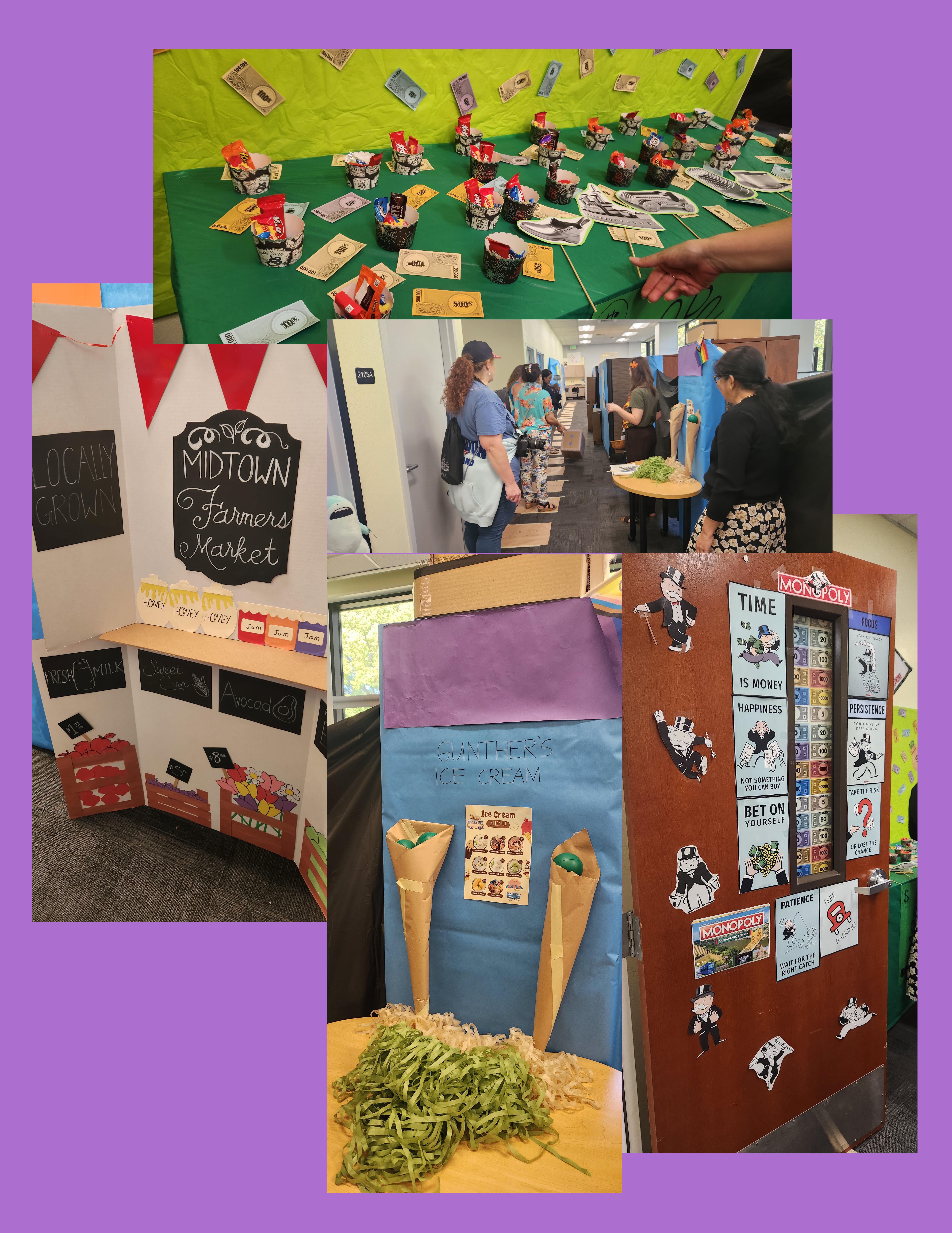 Collage of monopoly decorations and game played by staff
