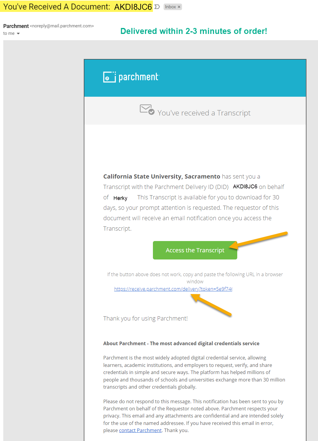 Screenshot of Parchment Email Confirmation Page