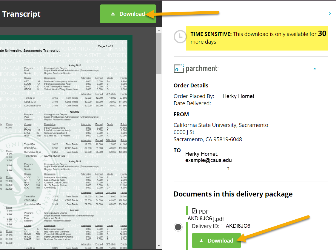 Screenshot of the download page for trancripts