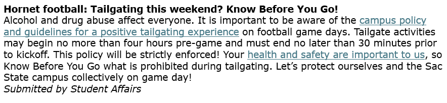 An example of a Hornet Weekly News item.