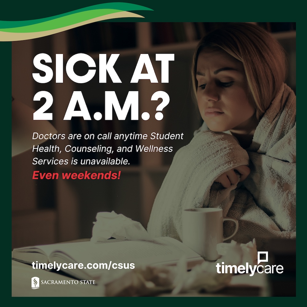 A graphic displaying the text "Sick at 2 a.m. Doctors are on call anytime. Even Weekends!"