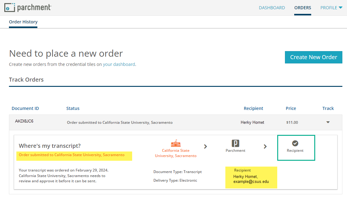 Screenshot of the Parchment Order History Screen