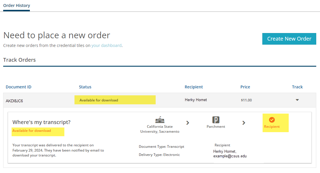 Screenshot of the Order History on Parchment