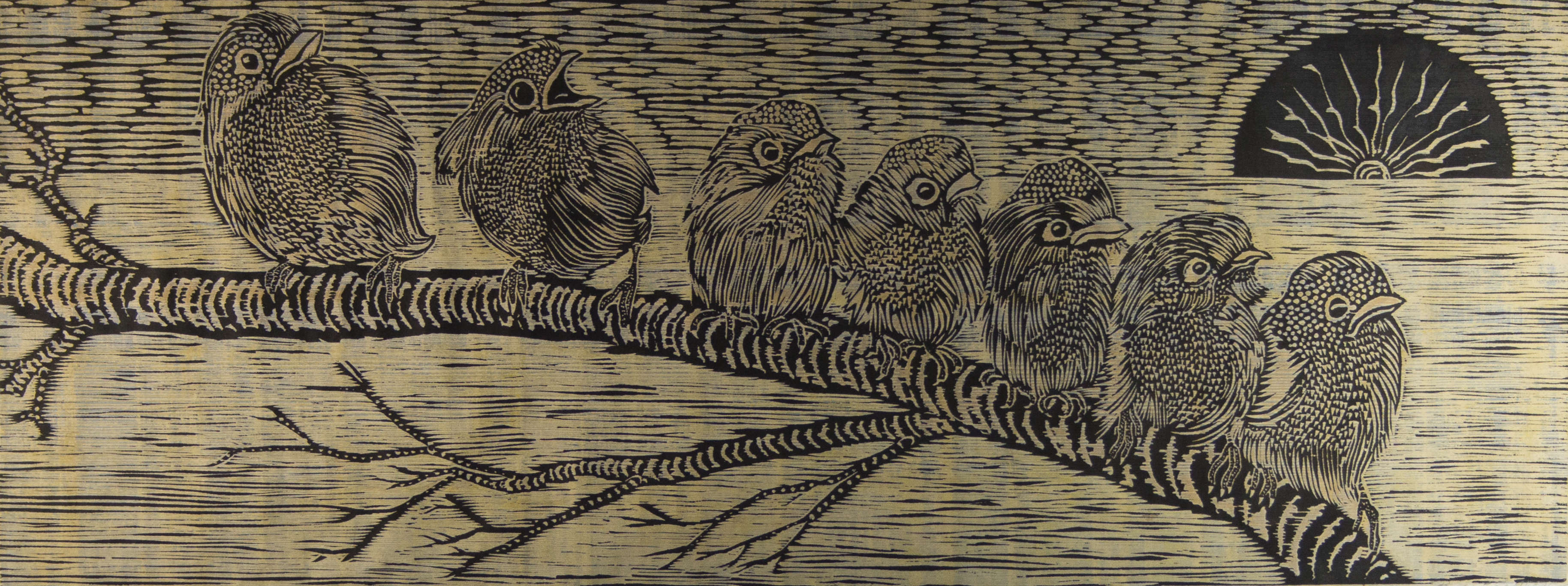 woodcut print of birds perched on a branch