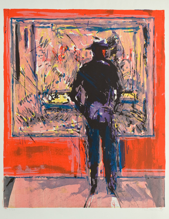 man with hat in front of window display