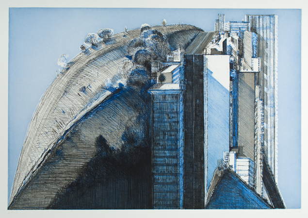 blue pencil drawing of city meeting country