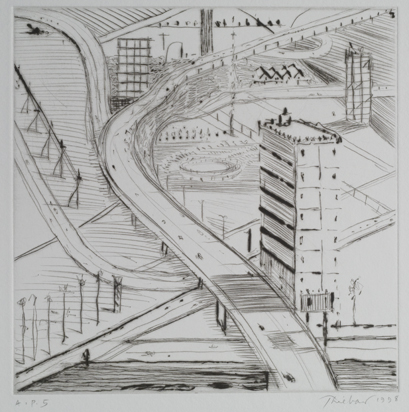 black and white city image of freeway and buildings